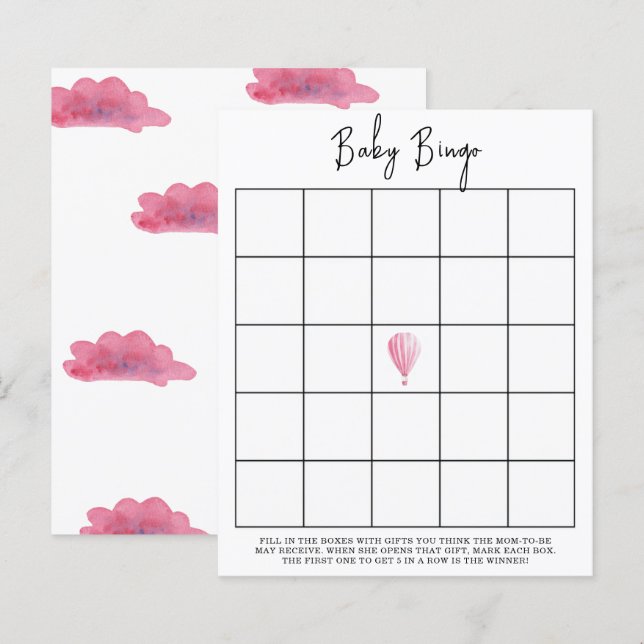 Pink hot air balloon - Baby shower bingo game (Front/Back)