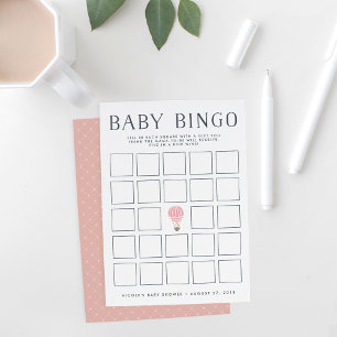 Pink Hot Air Balloon   Baby Shower Bingo Game Card
