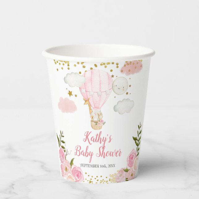 Pink Hot air balloon baby shower Floral Paper Cups (Front)