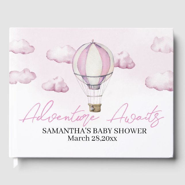 Pink Hot Air Balloon Baby Shower Guest Book (Front)