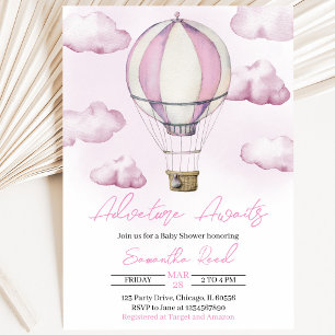 Pink Hot Air Balloon Baby Shower Invitation