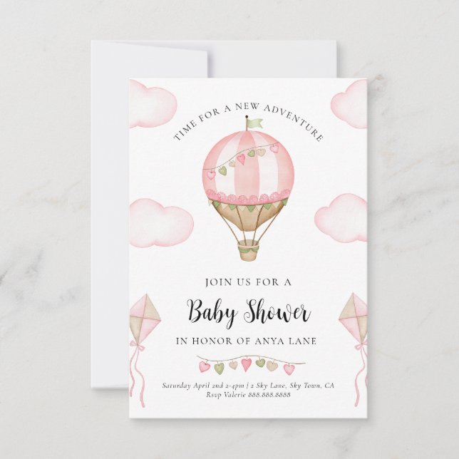 Pink Hot Air Balloon Baby Shower Invitation Girl (Front)