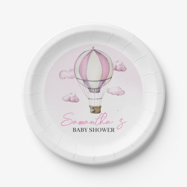 Pink Hot Air Balloon Baby Shower Paper Plate (Front)