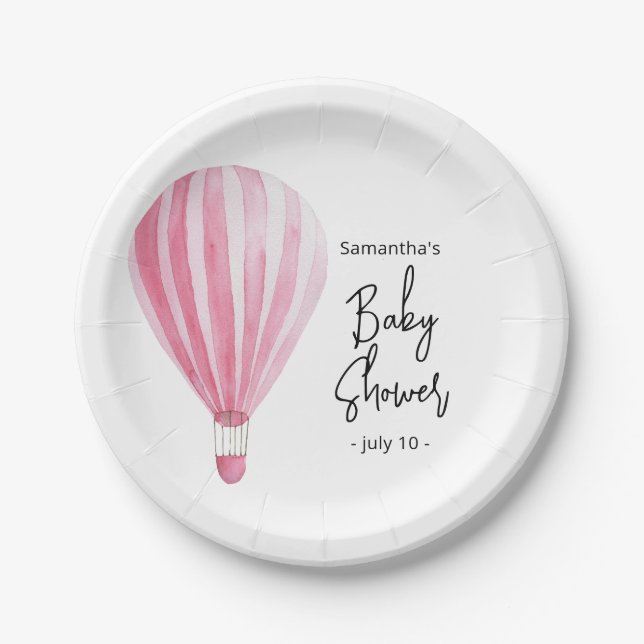 Pink hot air balloon Baby shower Paper Plate (Front)