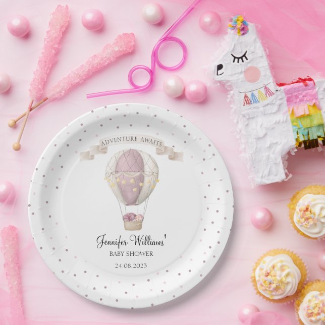 Pink hot air balloon baby shower paper plates (Party)