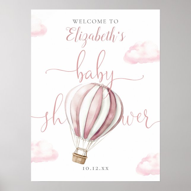 Pink Hot Air Balloon Baby Shower Welcome Sign (Front)