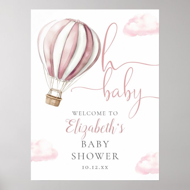Pink Hot Air Balloon Baby Shower Welcome Sign (Front)