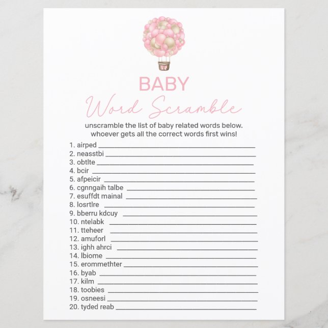 Pink Hot Air Balloon Baby Shower Word Scramble (Front)