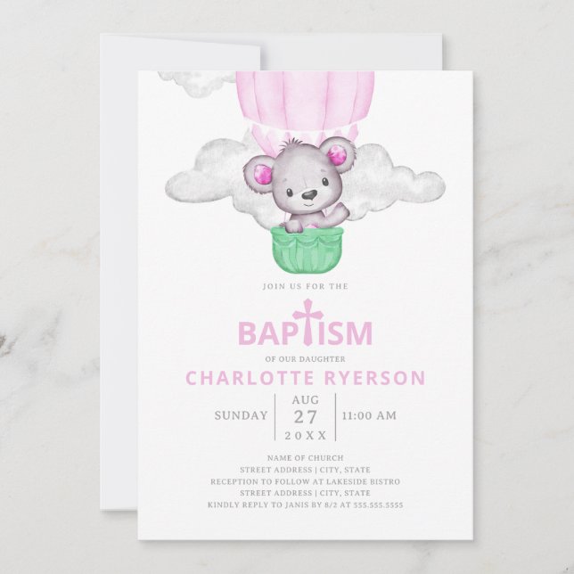 Pink Hot Air Balloon Bear Girl Baptism Invitation (Front)