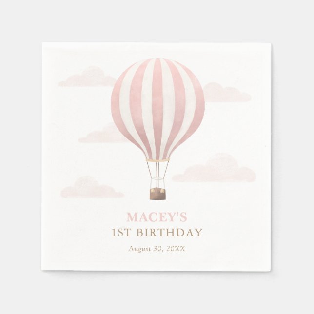 Pink Hot Air Balloon Birthday Napkin (Front)