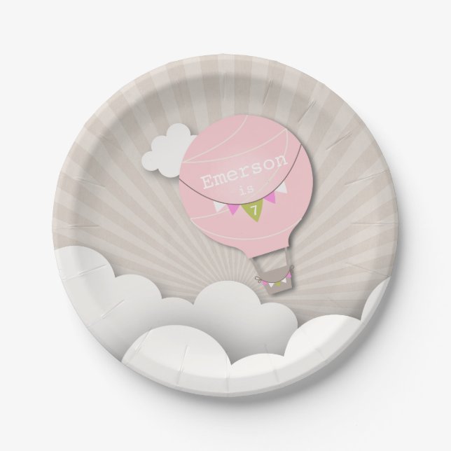 Pink Hot Air Balloon Birthday Paper Plate (Front)