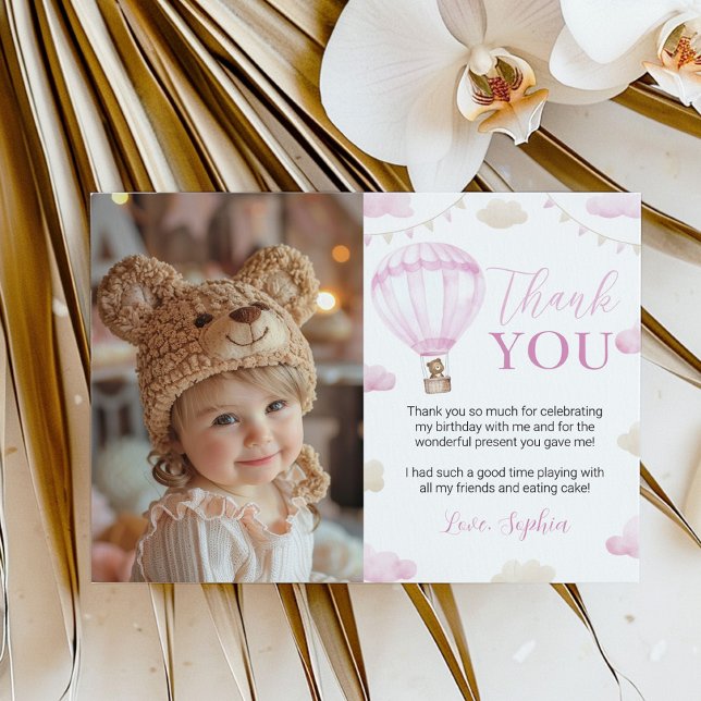 Pink Hot Air Balloon Birthday Photo Thank You Card (Creator Uploaded)