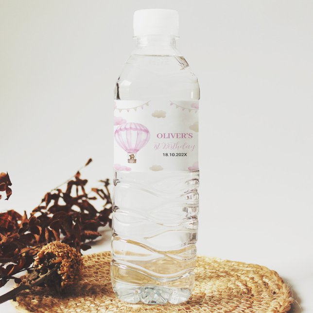 Pink Hot Air Balloon Birthday Water Bottle Label (Creator Uploaded)