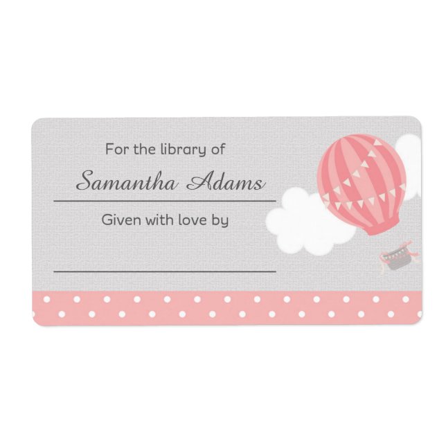 Pink Hot Air Balloon Bookplate Label Sticker (Front)