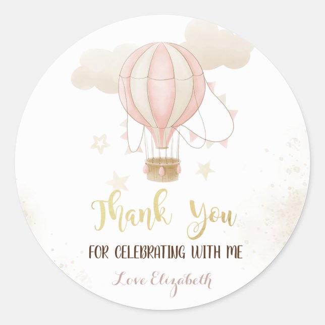 Pink Hot Air Balloon Clouds Baby Shower Classic Round Sticker (Front)