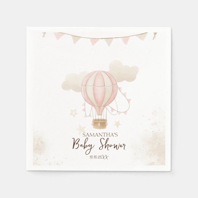 Pink Hot Air Balloon Clouds Baby Shower Napkin (Front)