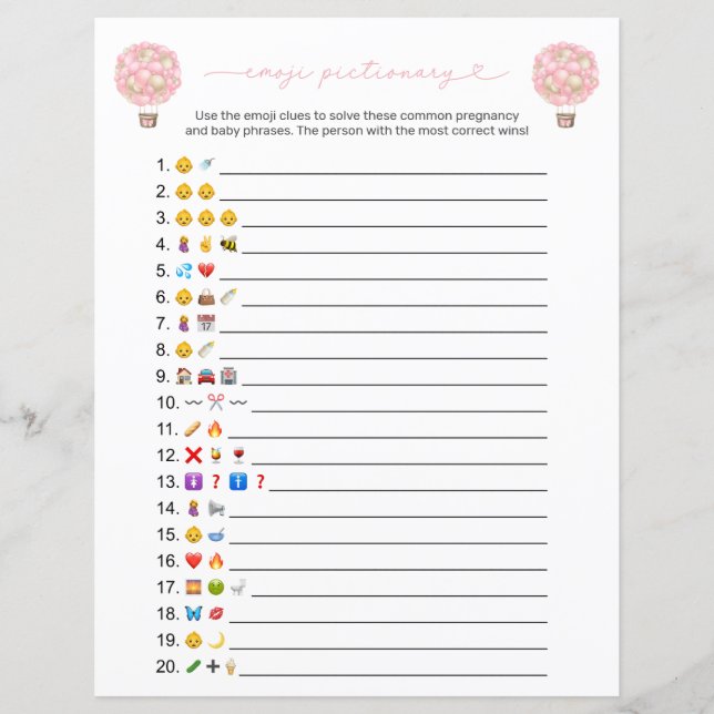 Pink Hot Air Balloon Emoji Baby Shower Game (Front)