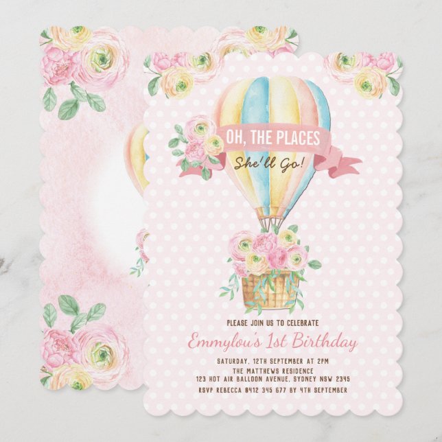 Pink Hot Air Balloon Floral Adventure Birthday Invitation (Front/Back)