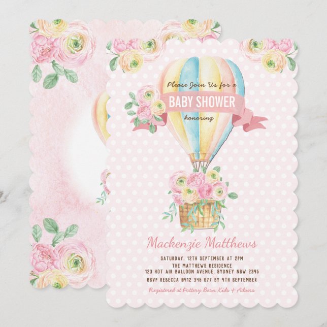Pink Hot Air Balloon Floral Baby Girl Shower Invitation (Front/Back)