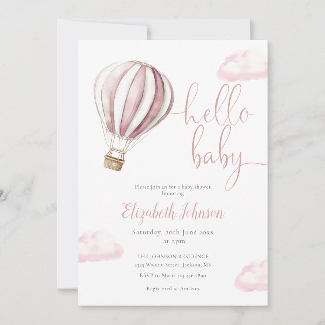 Pink Hot Air Balloon Girl All In One Baby Shower I Invitation (Front)