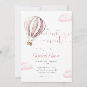Pink Hot Air Balloon Girl All In One Baby Shower Invitation