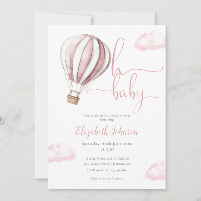 Pink Hot Air Balloon Girl All In One Baby Shower Invitation (Front)