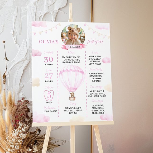 Pink Hot Air Balloon Girl Birthday Milestone Sign (Creator Uploaded)