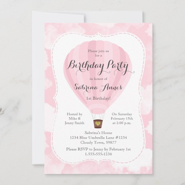 Pink Hot Air Balloon Girl Birthday party Invitation (Front)