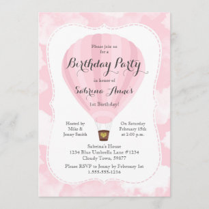 Pink Hot Air Balloon Girl Birthday party Invitation