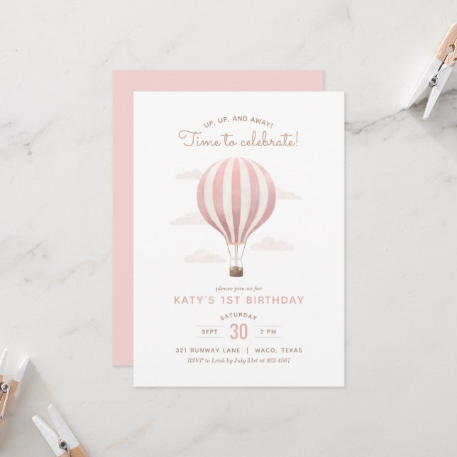 Pink Hot Air Balloon Girl Birthday Party Invitation (Front/Back In Situ)