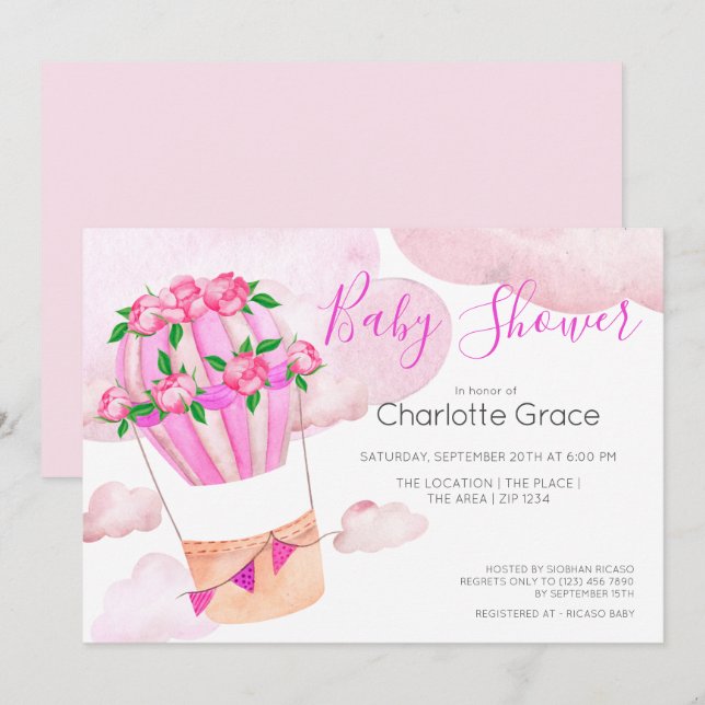 Pink Hot Air Balloon In The Clouds Baby Shower Invitation (Front/Back)
