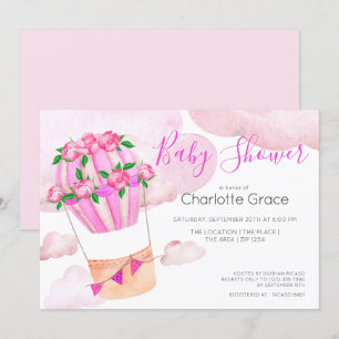 Pink Hot Air Balloon In The Clouds Baby Shower Invitation