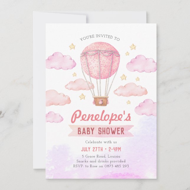 Pink Hot air balloon invitation, girl baby shower Invitation (Front)