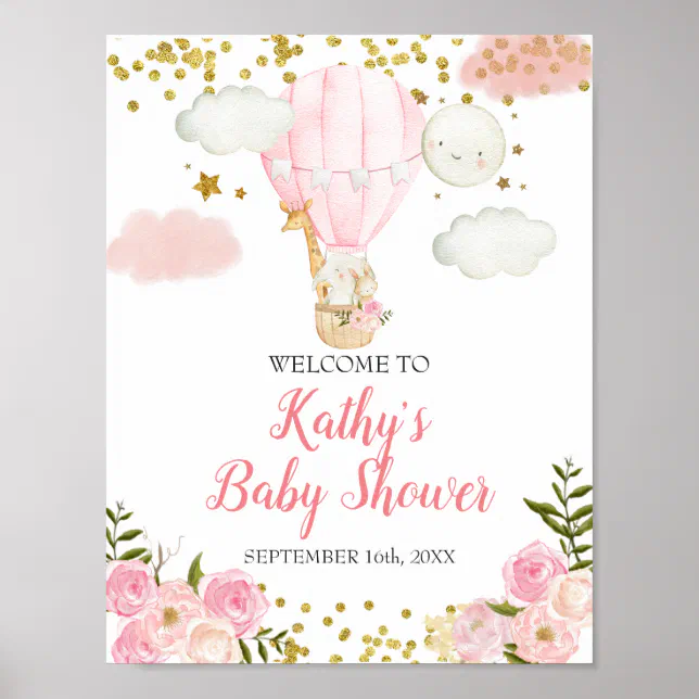 Pink Hot air Balloon Jungle Baby Shower Welcome Poster | Zazzle