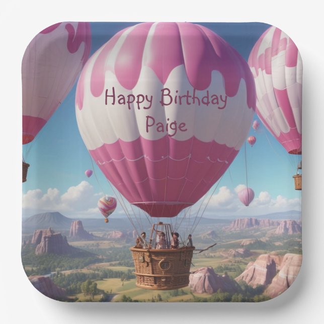 Pink Hot Air Balloon Paper Plate (Front)