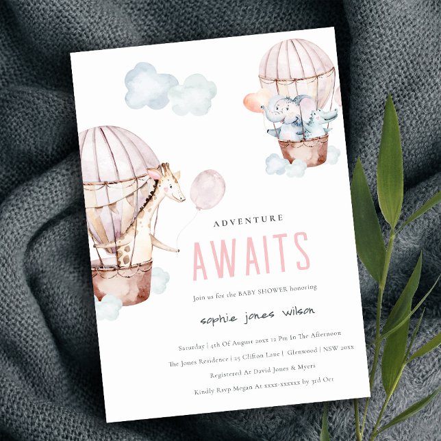 Pink Hot Air Balloon Safari Animals Baby Shower In Invitation (Creator Uploaded)