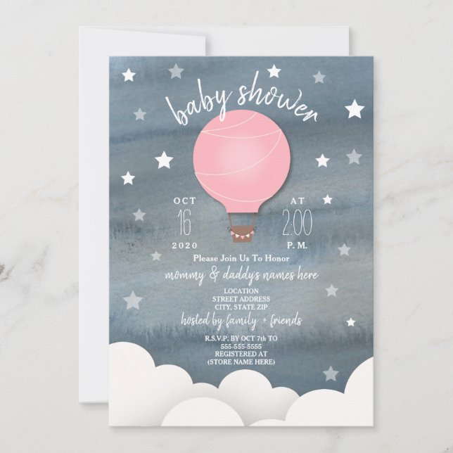 Pink Hot Air Balloon + Stars Girl Baby Shower Invitation (Front)