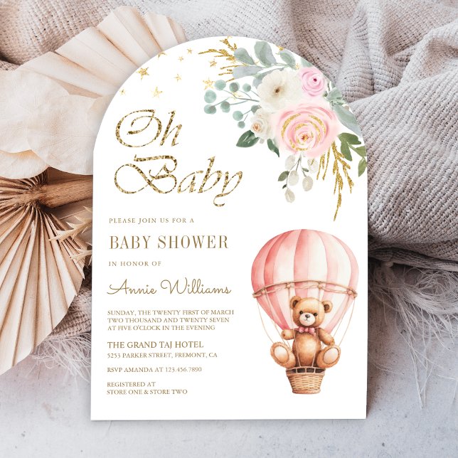 Pink Hot Air Balloon Teddy Bear Arch Baby Shower Invitation (Creator Uploaded)