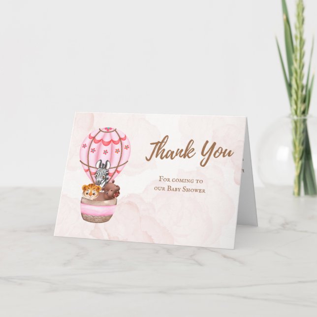 Pink Hot Air Balloon Thank You Baby Shower Card (Front)