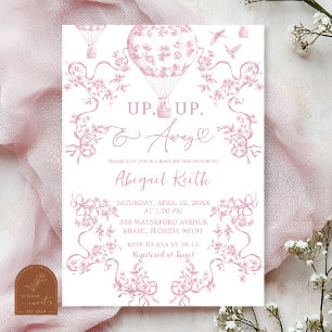  Pink Hot Air Balloon Toile Baby Shower Invitation