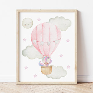 Pink Hot Air Balloon, Unicorn, Stars, Girl Nursery Photo Print