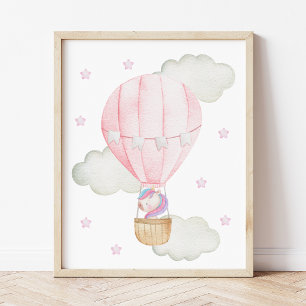 Pink Hot Air Balloon, Unicorn, Stars, Girl Nursery Photo Print