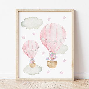 Pink Hot Air Balloon, Unicorn, Stars, Girl Nursery Poster