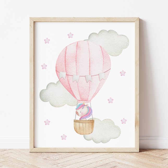 Pink Hot Air Balloon, Unicorn, Stars, Girl Nursery Poster (Creator Uploaded)