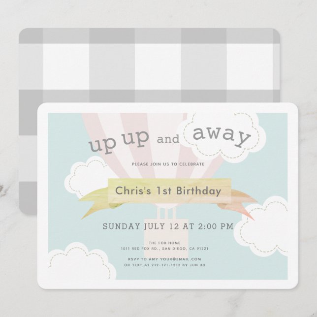 Pink Hot Air Balloon Up Up and Away 1st Birthday Invitation (Front/Back)