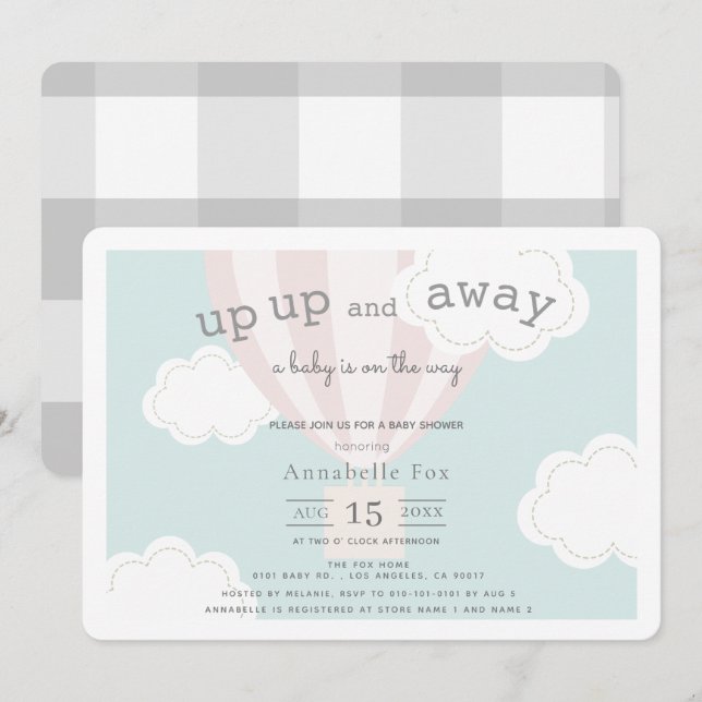 Pink Hot Air Balloon Up Up and Away Baby Shower Invitation (Front/Back)