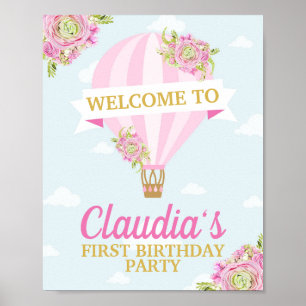 Pink Hot Air Balloon With Pink Flowers Birthday Poster