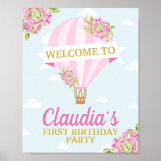 Pink Hot Air Balloon With Pink Flowers Birthday Poster