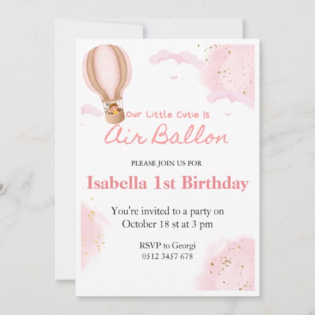 Pink Hot Air Balloons 1st Birthday cloud invitatio Invitation (Front)