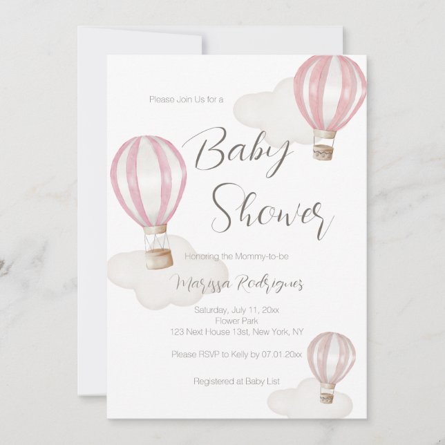 Pink Hot Air Balloons Baby Shower Girl Invitation (Front)